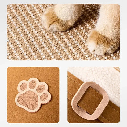Close-ups of cat paws on the woven jute mat, the felt paw patch and the buckle of the slipper felt cat cave.