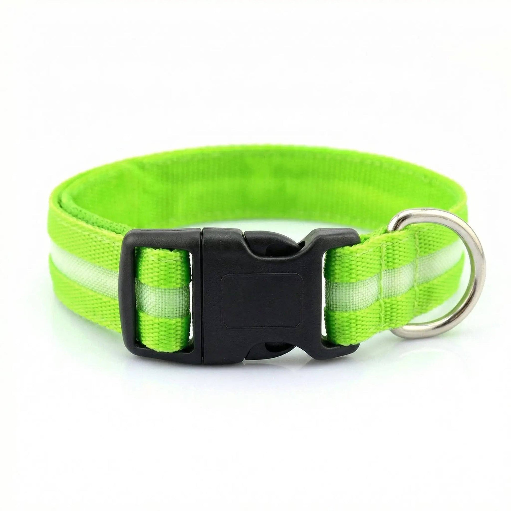 Noblias Glow Dog Collar with LED lights, bright safety collar for nighttime visibility, designed for secure, visible dog walks in low light.