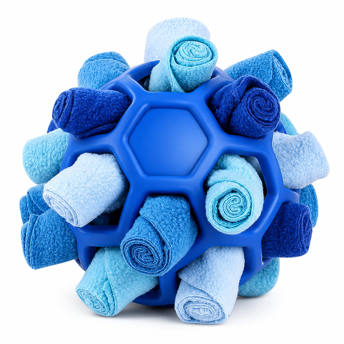 Blue snuffle ball for dogs with light and dark blue fleece strips rolled into the rubber core.