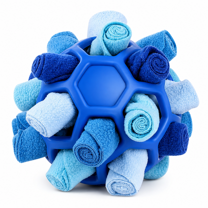 Blue snuffle ball for dogs with light and dark blue fleece strips rolled into the rubber core.