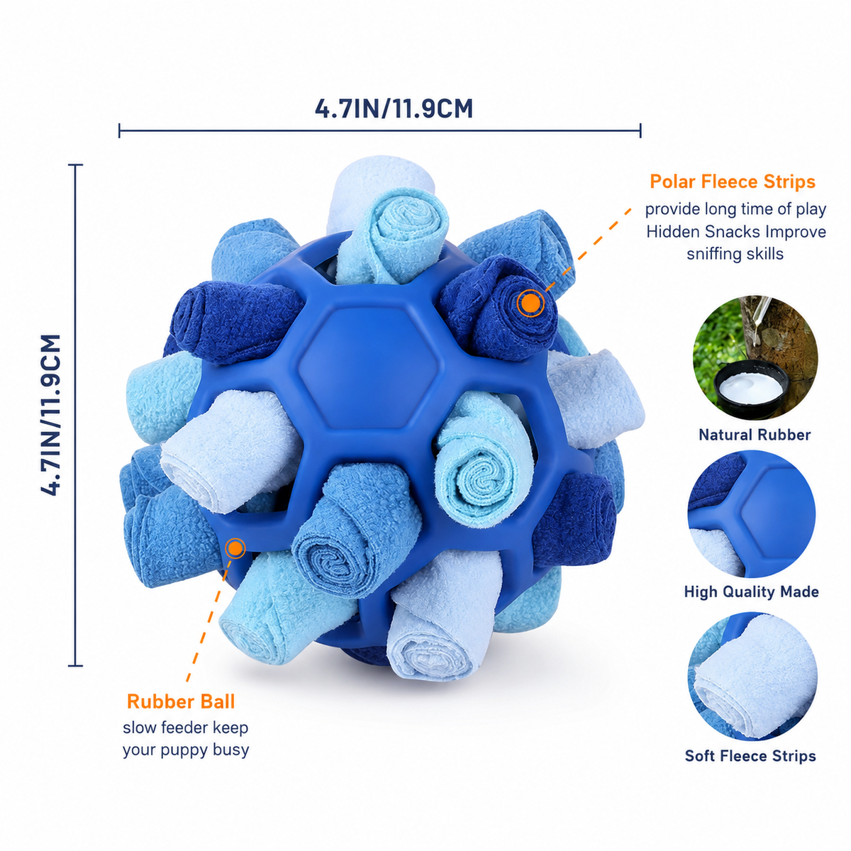 Blue snuffle ball for dogs with its 11.9 cm diameter marked and callouts for the fleece strips and natural rubber core.