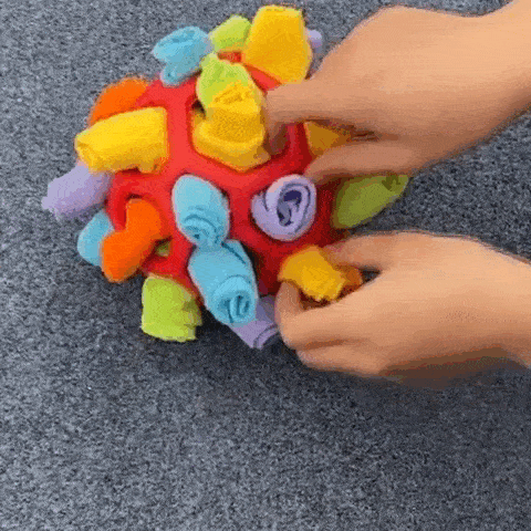 Animation of a hand pressing the red snuffle ball for dogs with its multicolored fleece strips on a carpet.