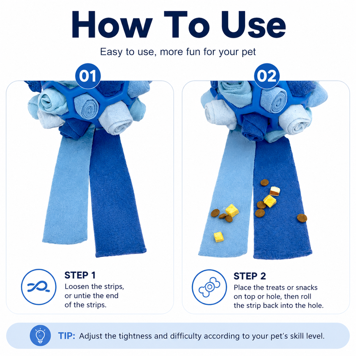 Two steps for the snuffle ball for dogs: loosen the fleece strips, then place treats inside and tie the ends.