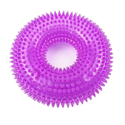 Purple spiky dog chew ring on a white background.