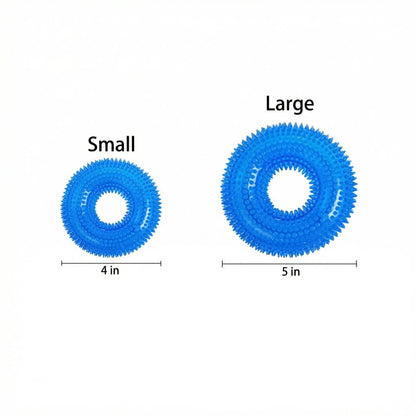 The small four inch and large five inch spiky dog chew rings shown side by side with their widths marked.