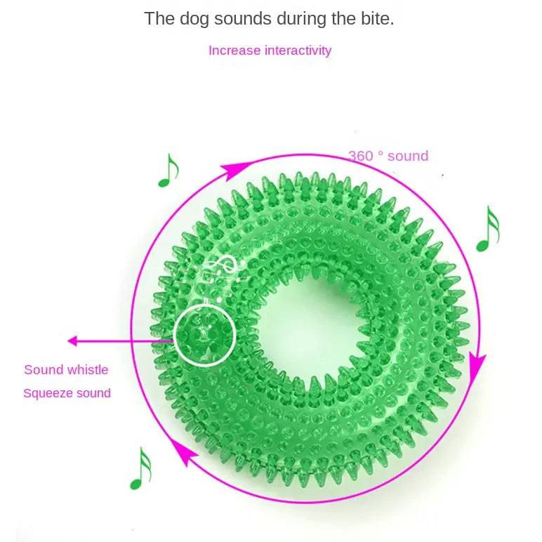 Diagram of the green spiky dog chew ring showing the squeeze squeaker and the whistle opening that sound when a dog bites.