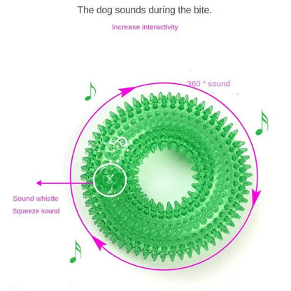Diagram of the green spiky dog chew ring showing the squeeze squeaker and the whistle opening that sound when a dog bites.