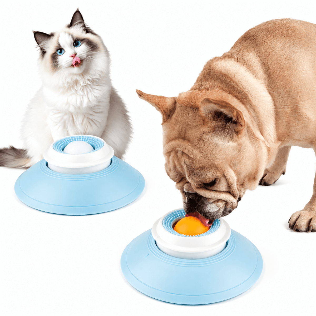 A cat and a french bulldog each licking a spinning treat ball dog toy standing on the floor.