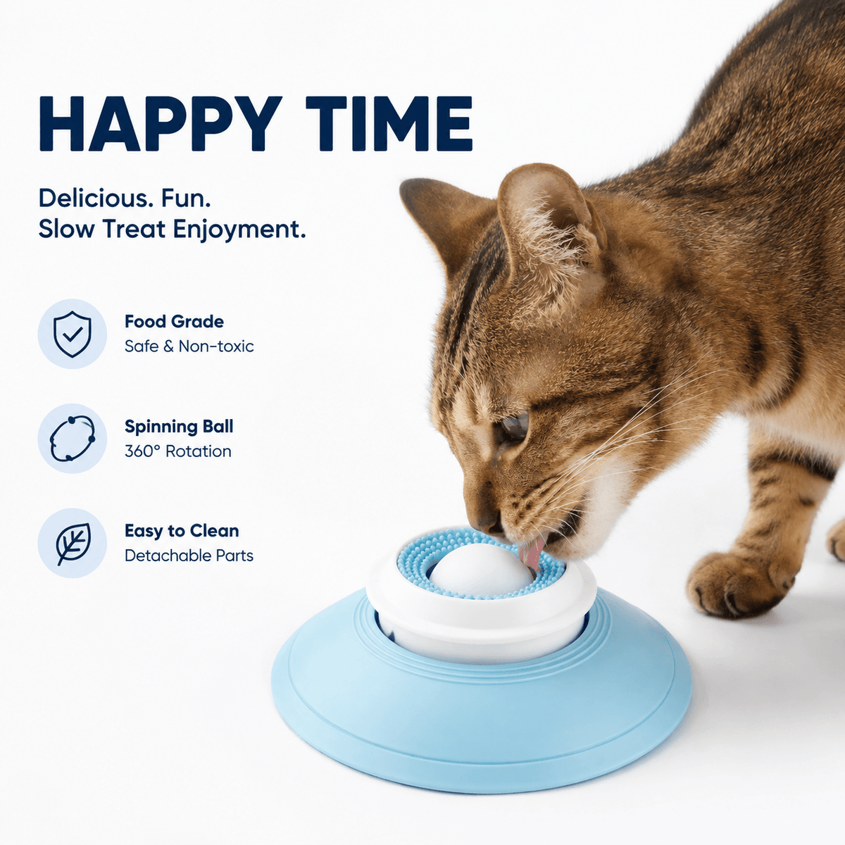 Tabby cat licking the spinning ball on the blue treat toy, captioned slow treat enjoyment.