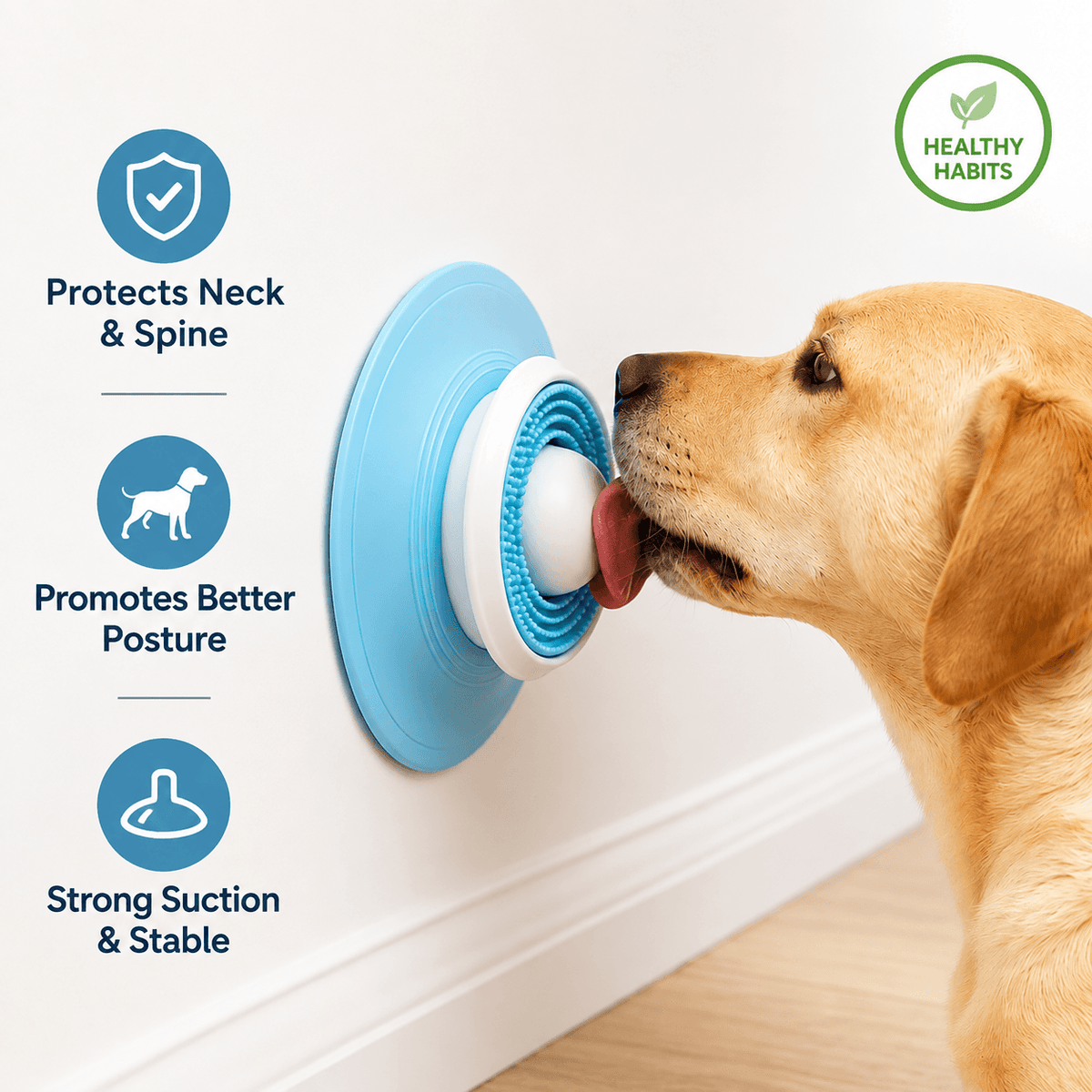 Labrador licking the spinning treat ball dog toy stuck to a wall at head height.