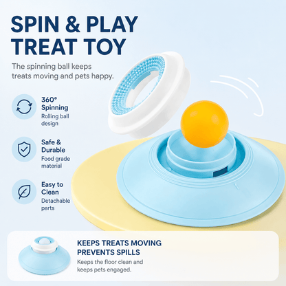 Feature panel for the spinning treat ball dog toy: a ball that turns through 360 degrees, food grade material and detachable parts for cleaning.
