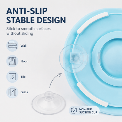 The spinning treat ball dog toy shown sticking to wall, floor, tile and glass with a close up of its suction cup.