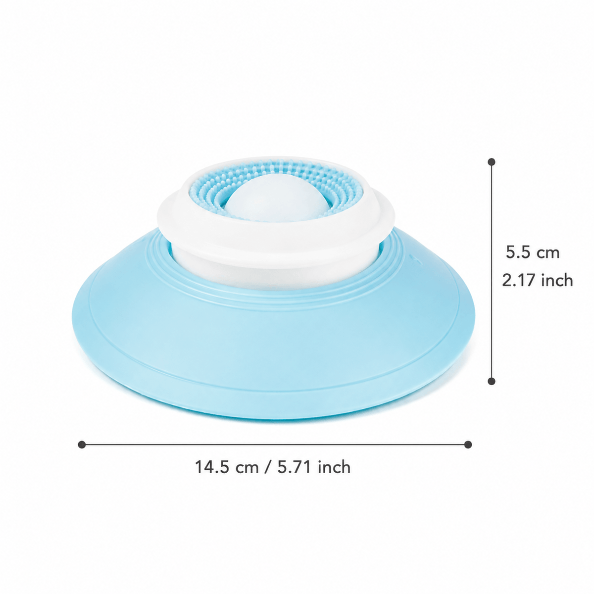 The spinning treat ball dog toy with the white ball, measured 14.5 centimeters across and 5.5 centimeters tall.