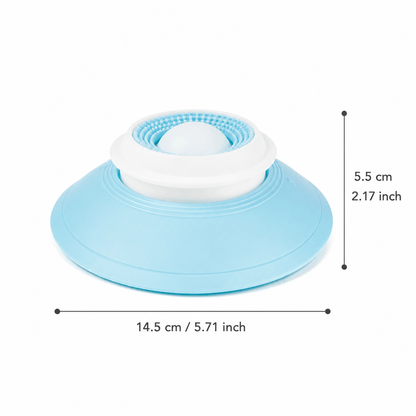 The spinning treat ball dog toy with the white ball, measured 14.5 centimeters across and 5.5 centimeters tall.