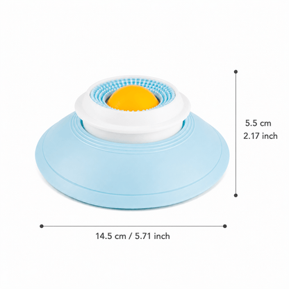 The spinning treat ball dog toy with the yellow ball, measured 14.5 centimeters across and 5.5 centimeters tall.