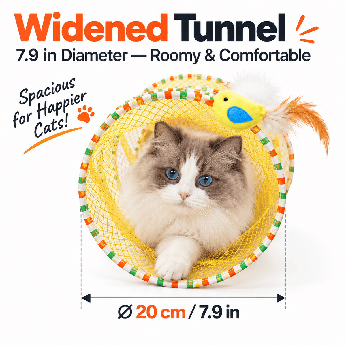 A ragdoll cat peeking out of the yellow spiral cat tunnel, with the 20 cm (7.9 in) opening diameter marked.