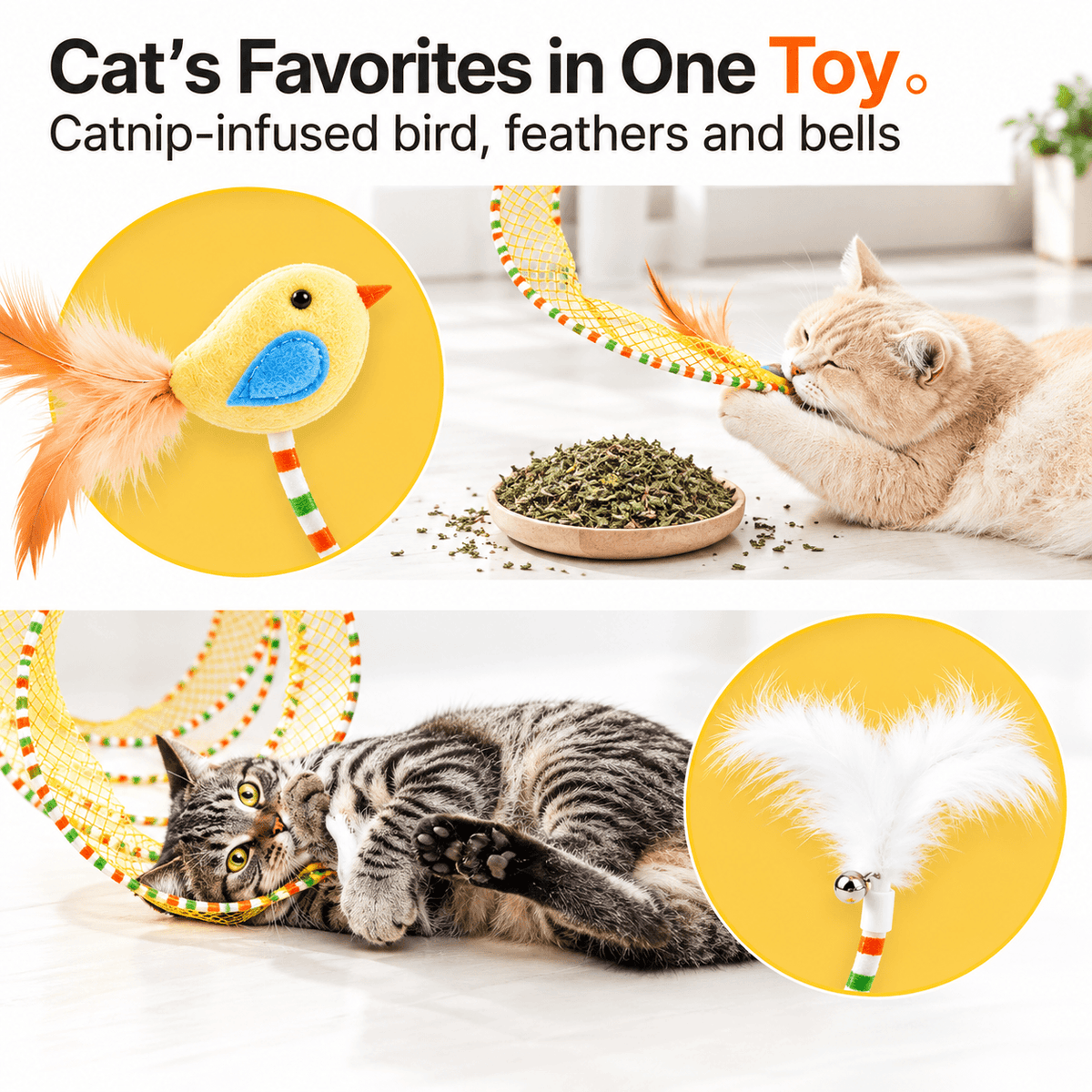 Close-ups of the spiral cat tunnel's catnip bird, feather and bell attachments with cats playing.