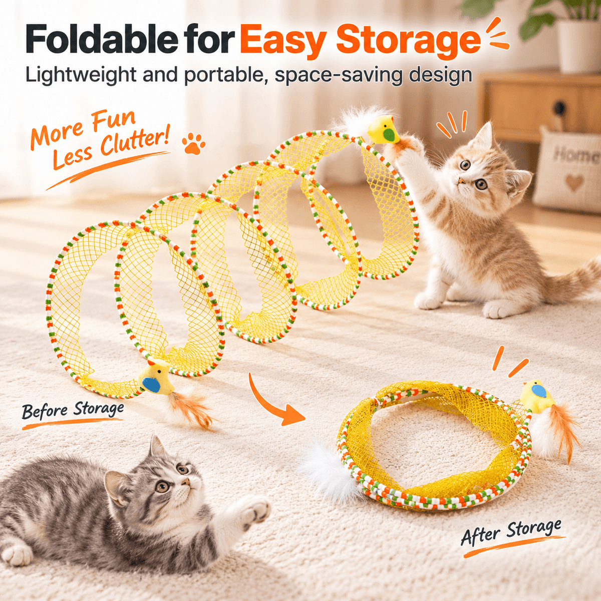 The yellow spiral cat tunnel shown open with playing kittens and folded into a flat ring for storage.