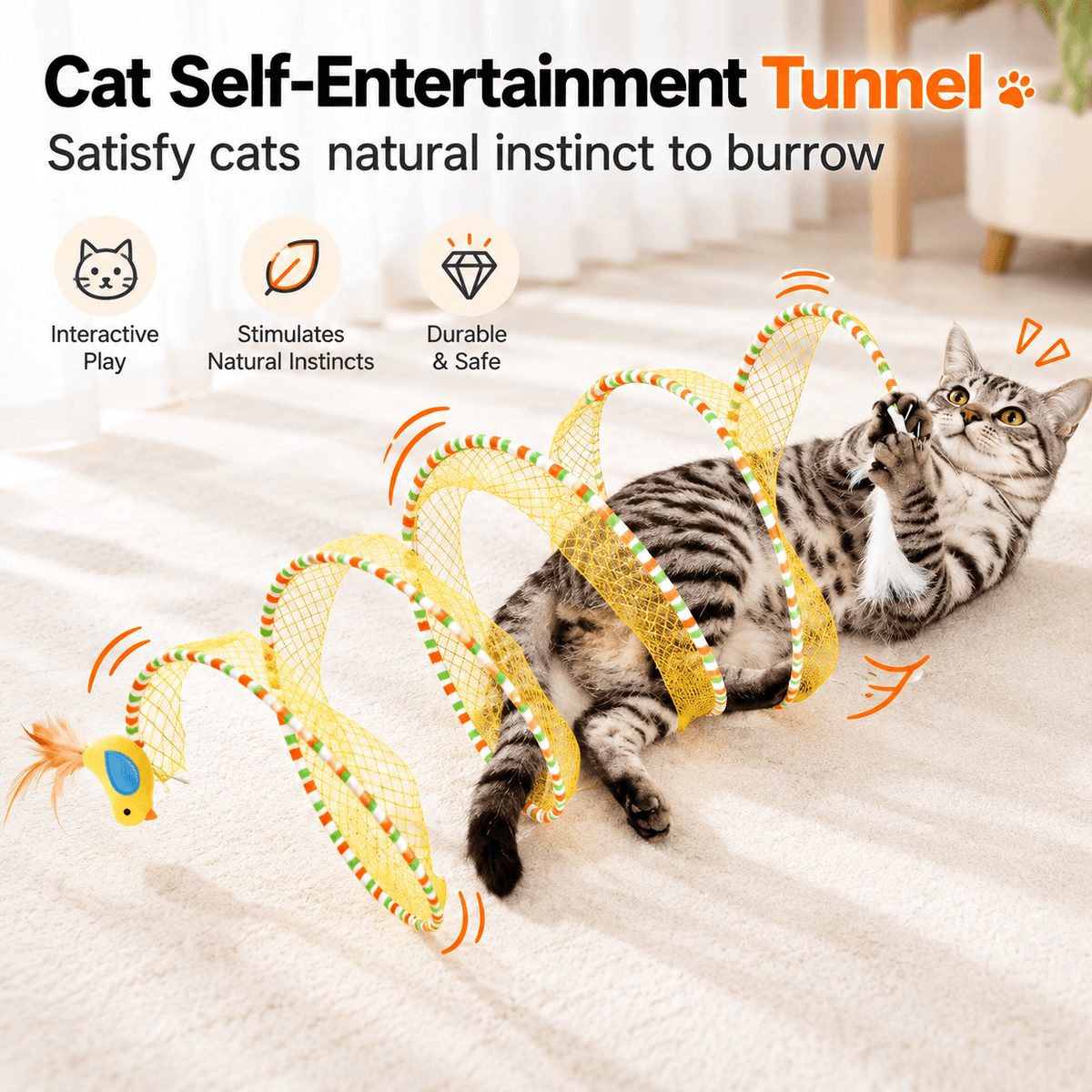 A tabby cat rolling and playing inside the yellow spiral cat tunnel on a living room rug.