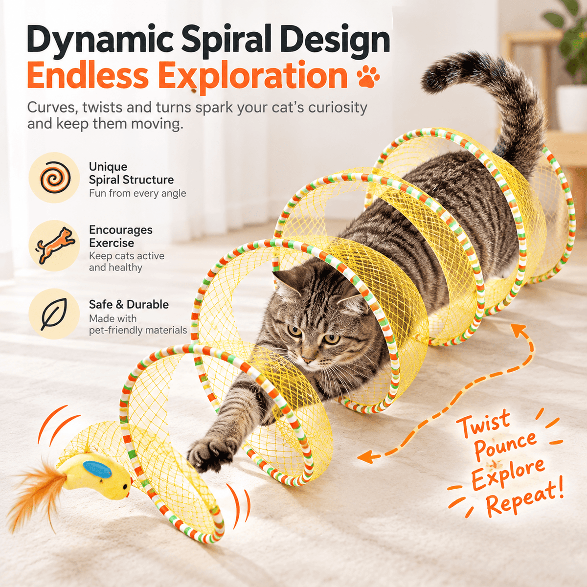 A tabby cat running through the yellow spiral cat tunnel past the feathered bird toy.