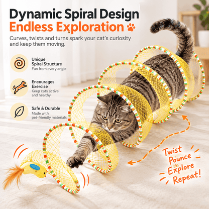 A tabby cat running through the yellow spiral cat tunnel past the feathered bird toy.
