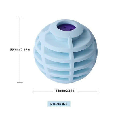 Blue squeaky ball toy for dogs and cats with its 55 mm diameter marked.