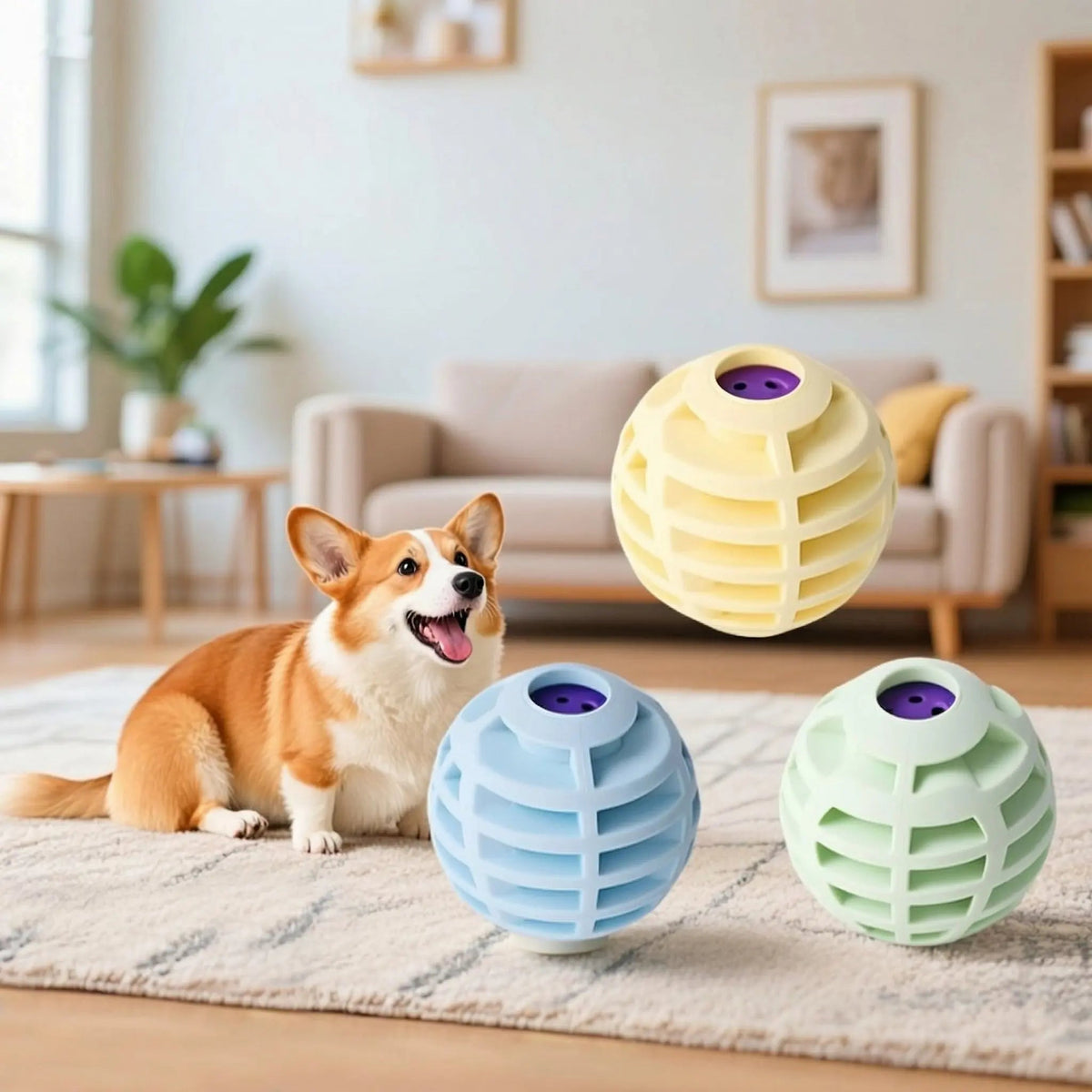Corgi in a living room with the yellow, green and blue squeaky ball toys for dogs and cats.
