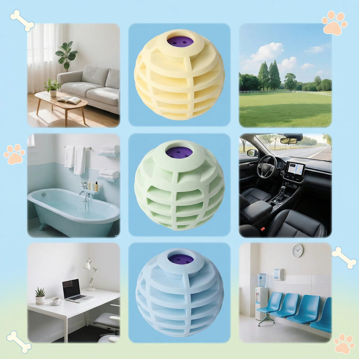 Collage of the squeaky ball toy for dogs and cats in a living room, a park, a bathroom, a car, a desk and a waiting room.