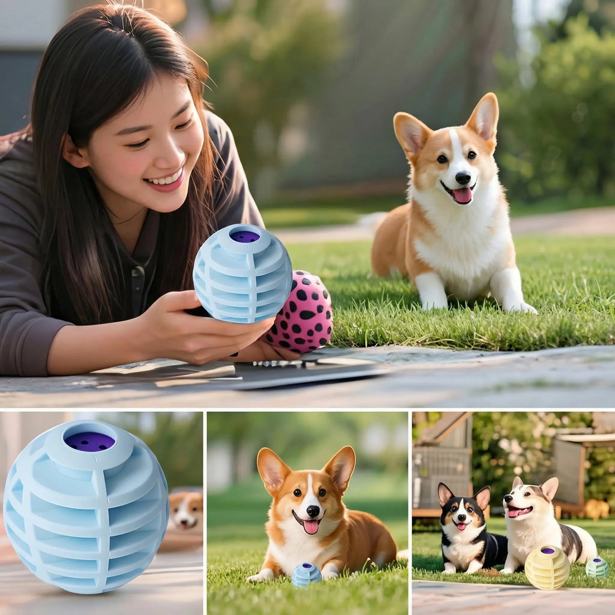 Woman holding the blue squeaky ball toy for dogs and cats in front of a corgi on a lawn.
