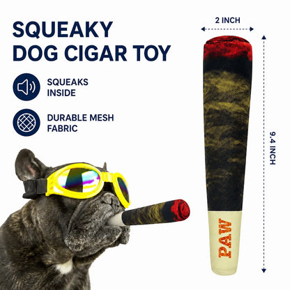 French bulldog in sunglasses with the green Noblias squeaky cigar dog toy, a 9.4 inch plush chew with a squeaker inside and durable mesh fabric.