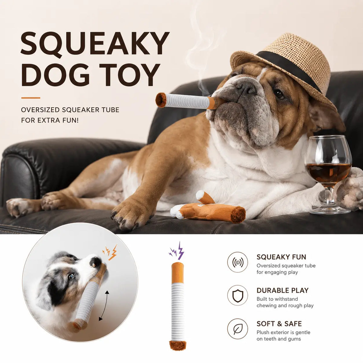 English bulldog resting beside the Noblias squeaky cigarette dog toy, a novelty plush chew toy made for everyday play.