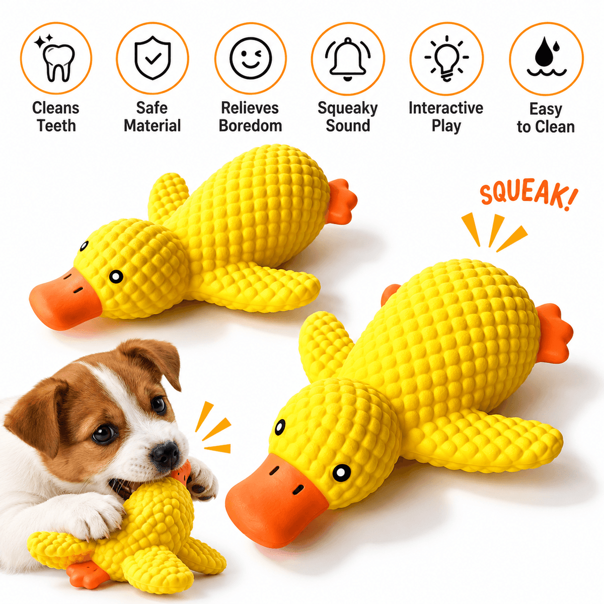 Two squeaky latex duck dog toys with a puppy chewing a third, under a row of feature icons.