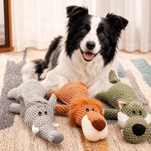 Border collie lying beside the gray elephant, orange lion and green wolf squeaky plush animal dog toys.