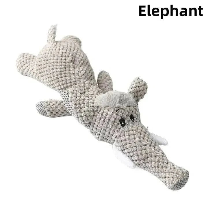 Gray elephant squeaky plush animal dog toy with a textured body and a long trunk.