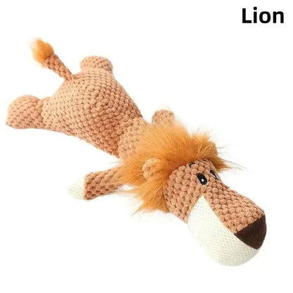 Orange lion squeaky plush animal dog toy with a fluffy mane and a textured body.
