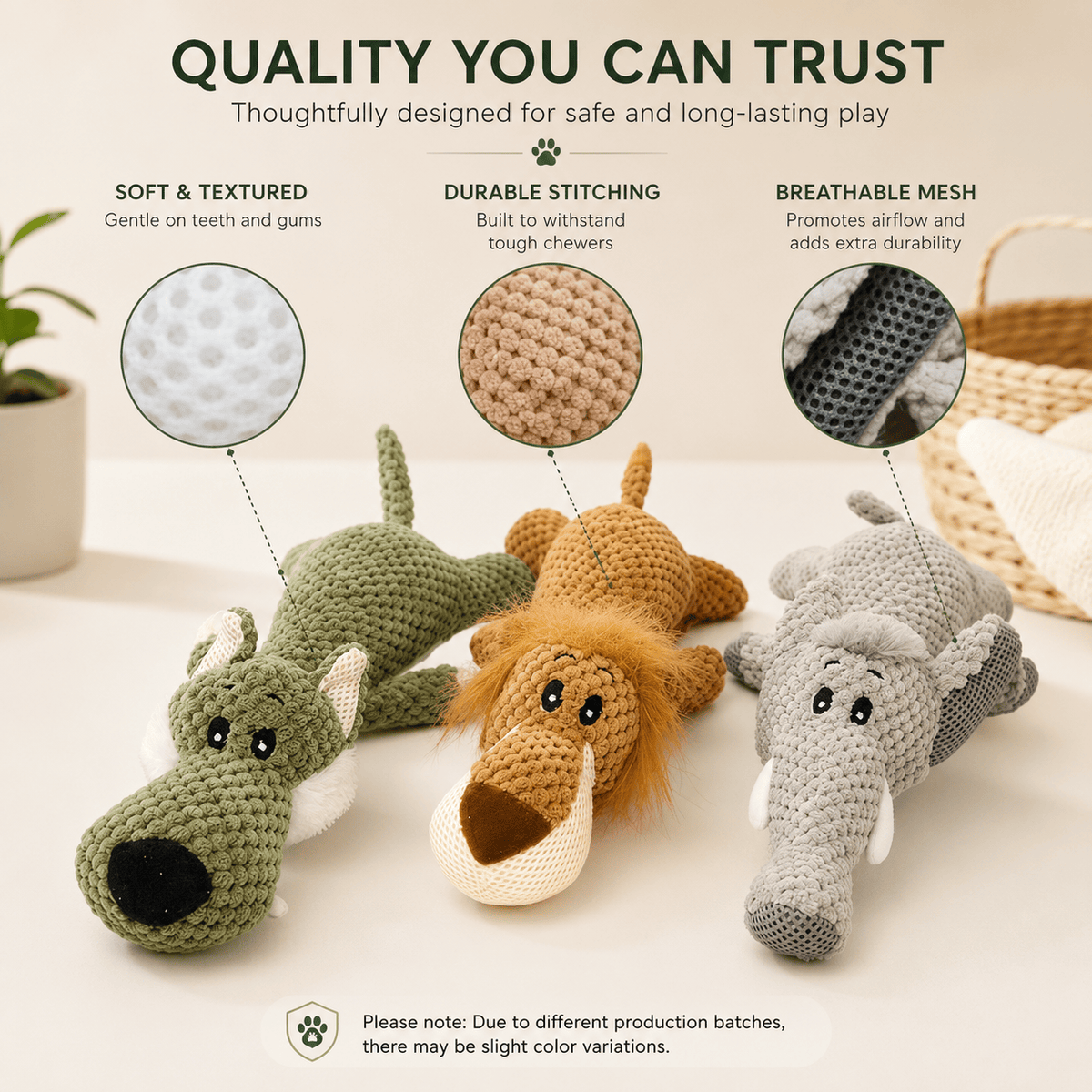 Close-ups of the squeaky plush animal dog toy showing the soft textured fabric, durable stitching and breathable mesh.