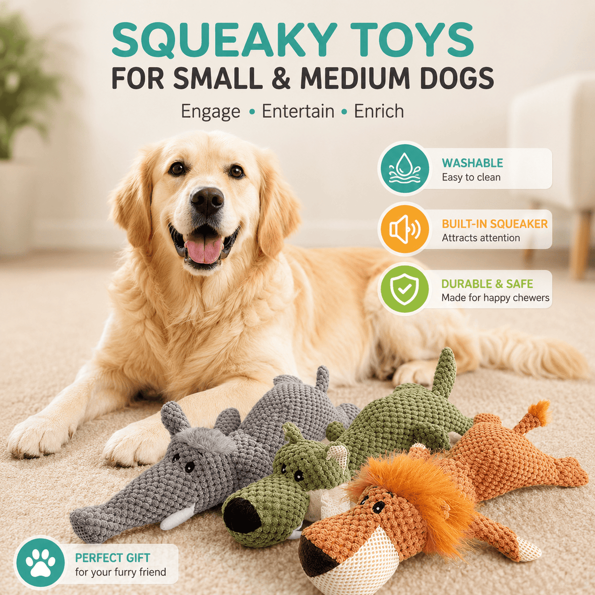 Infographic for the squeaky plush animal dog toys for small and medium dogs listing washable, built-in squeaker and durable stitching.