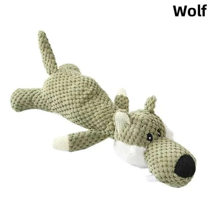 Green wolf squeaky plush animal dog toy with a textured body and embroidered eyes.