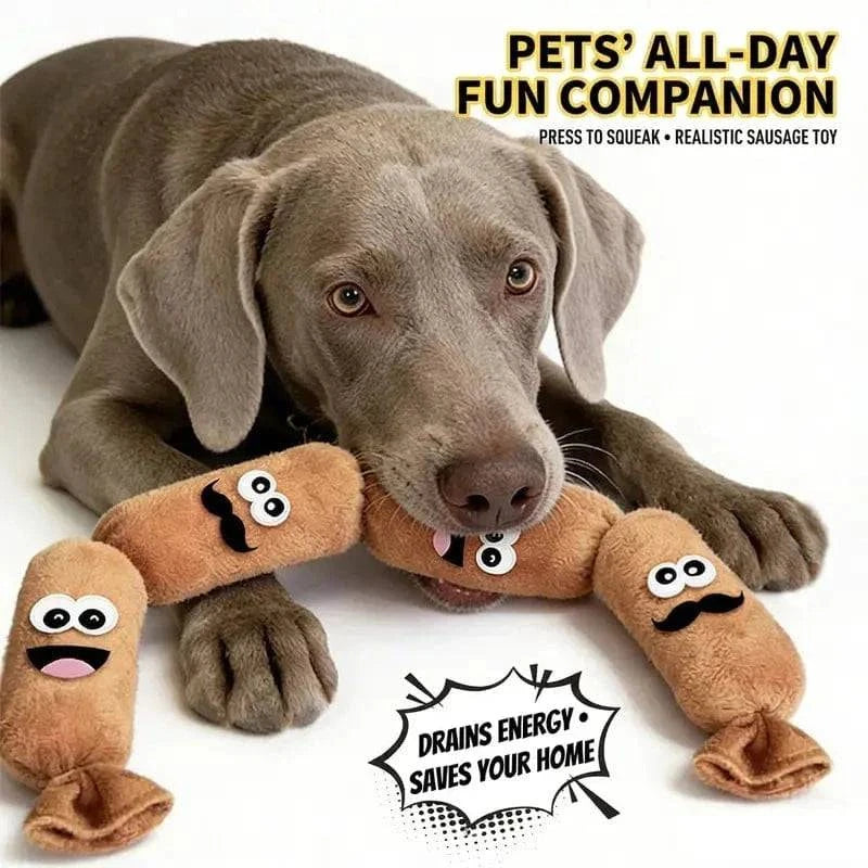 Weimaraner resting its head on the sausage dog toy, captioned press to squeak.