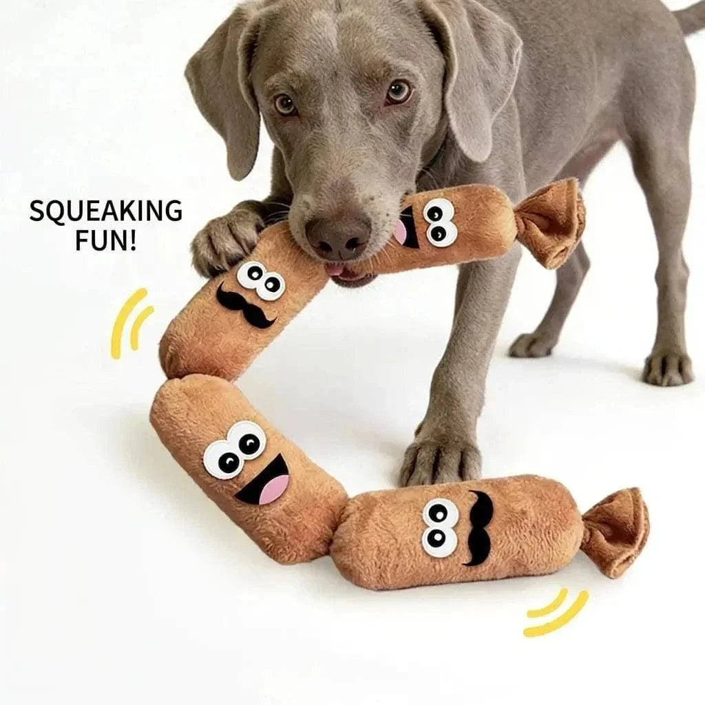 Dog standing over the four link sausage dog toy with squeak marks drawn around it.