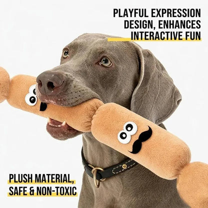 Weimaraner holding one segment of the sausage dog toy, captioned playful expression design and plush material that is safe and non toxic.
