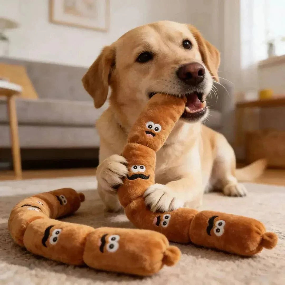 Labrador on a rug with the two link and the four link squeaky sausage dog toys in front of it.