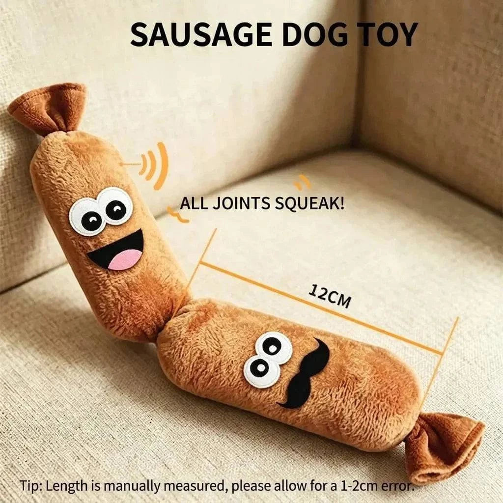 The two link squeaky sausage dog toy with each segment marked twelve centimeters, captioned all joints squeak.