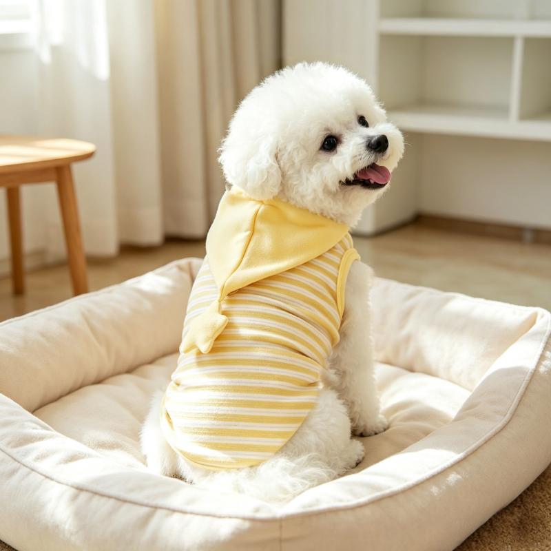 Back view of a bichon in a dog bed wearing the yellow striped dog pajamas with the star hood down.