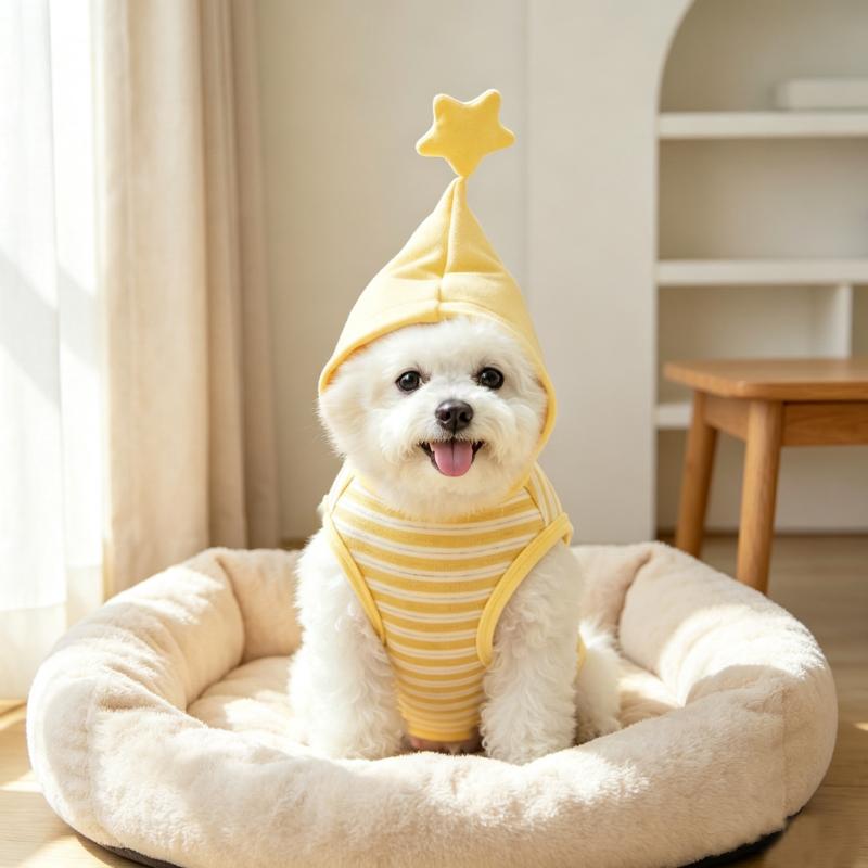 Bichon sitting in a cream dog bed wearing the striped dog pajamas with the star hood up.