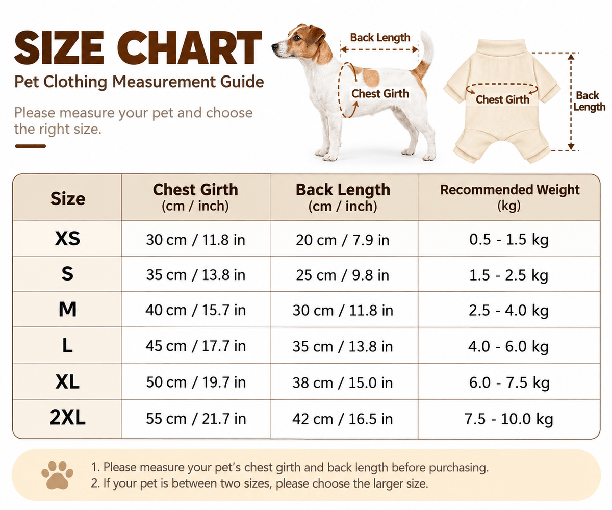 Striped dog pajamas size chart from XS to 2XL with chest girth, back length and recommended weight.