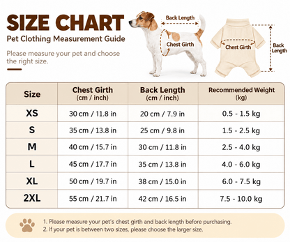 Striped dog pajamas size chart from XS to 2XL with chest girth, back length and recommended weight.