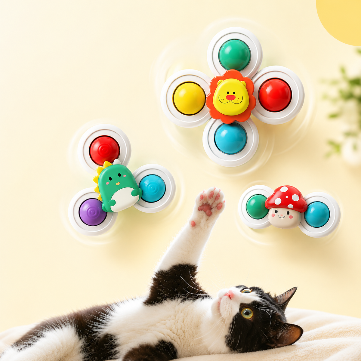 Black and white cat lying on its back reaching up at three Forest Spin Set spinners mounted on a yellow wall