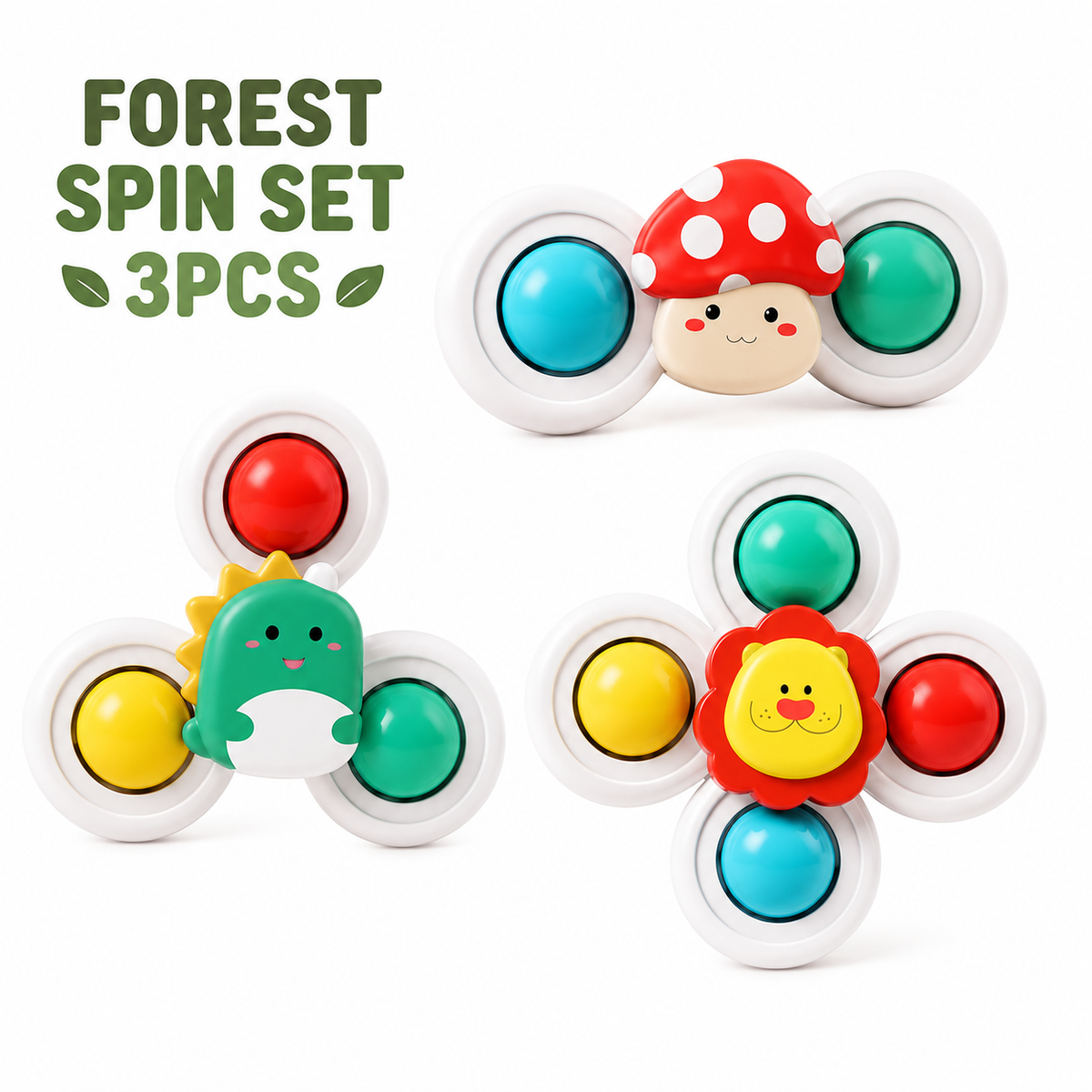 Forest Spin Set of three suction cup cat spinners: a mushroom, a dinosaur and a lion