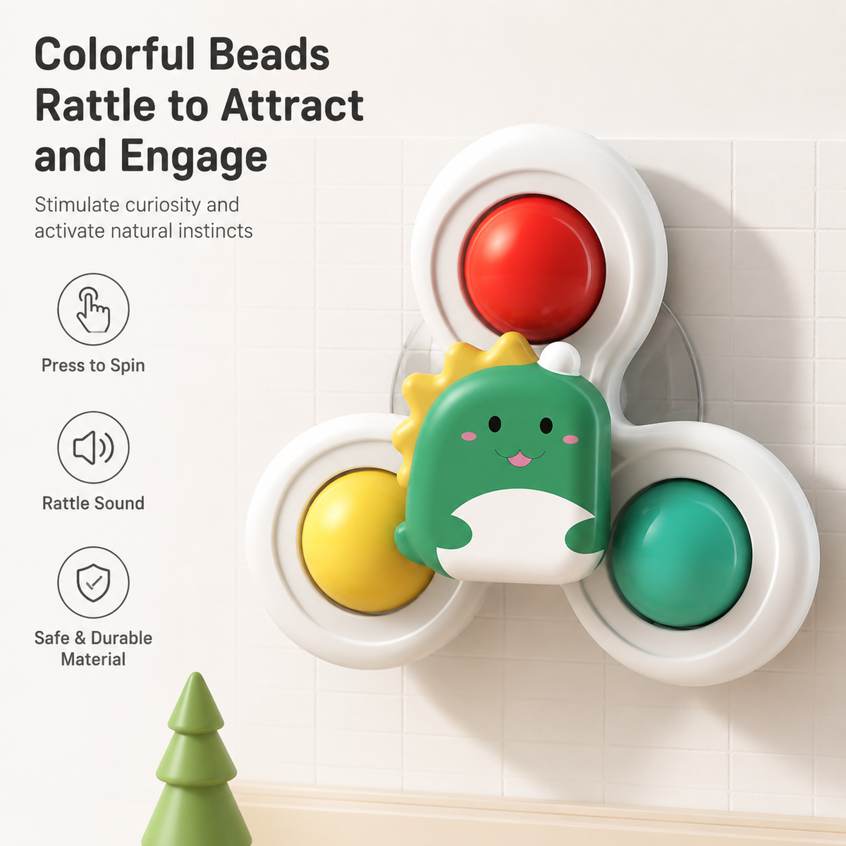 Dinosaur suction cup cat spinner mounted on white tile, with press to spin and rattling bead callouts